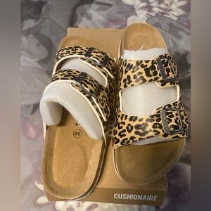 Brown and Black Leopard Print Sandals with Contoured Footbed